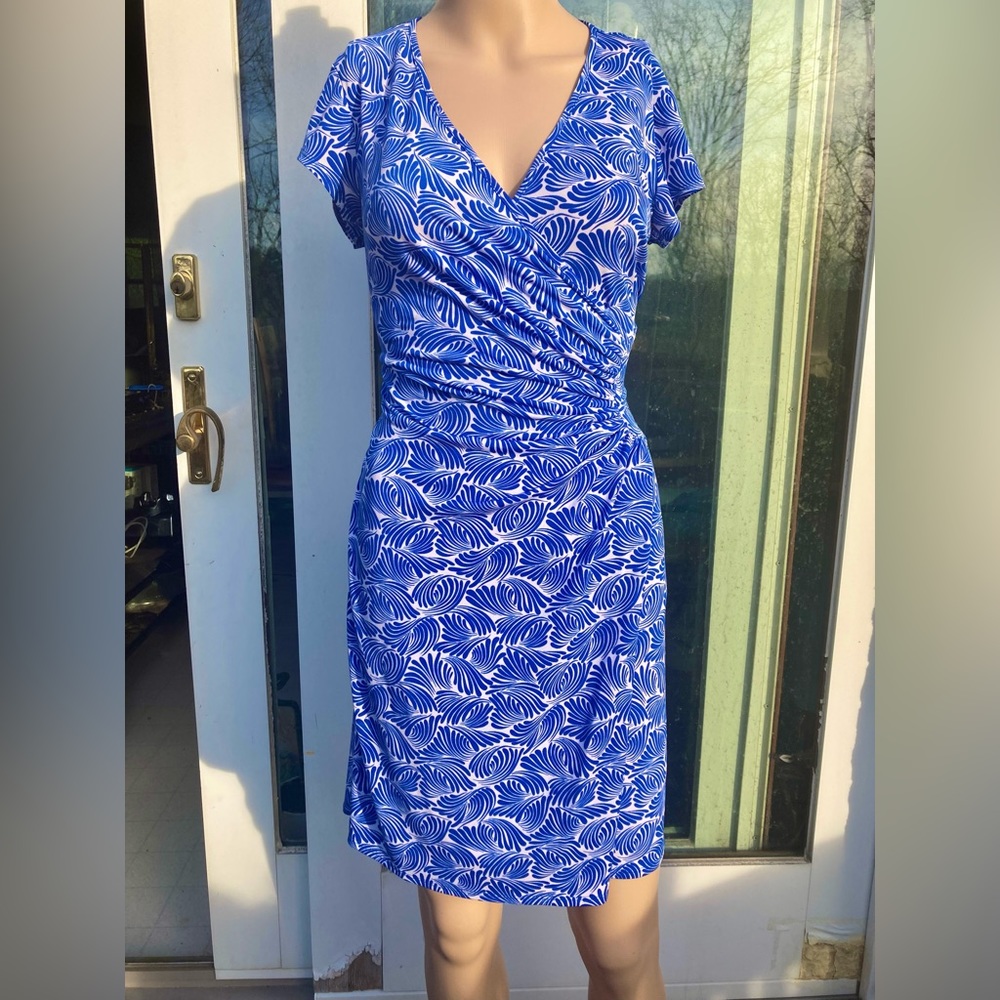 Laundry by Shelli Segal Blue Art Deco Style Faux Wrap Dress